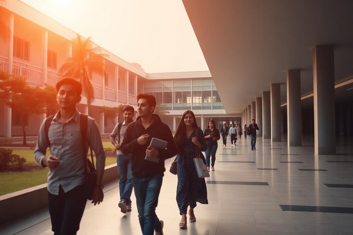 Students walking through a modern Indian university campus