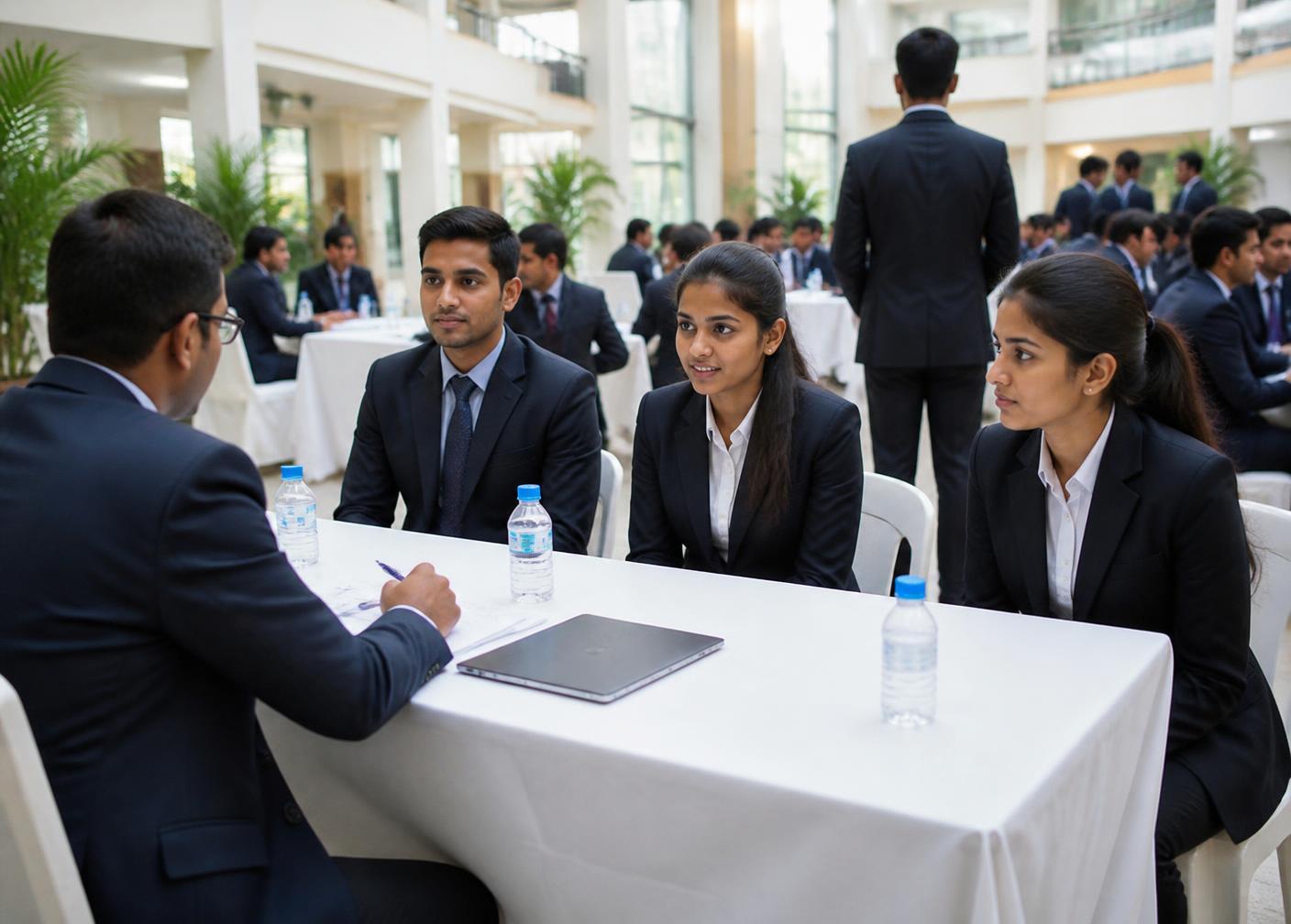 Students in formals meeting recruiters at a campus placement drive