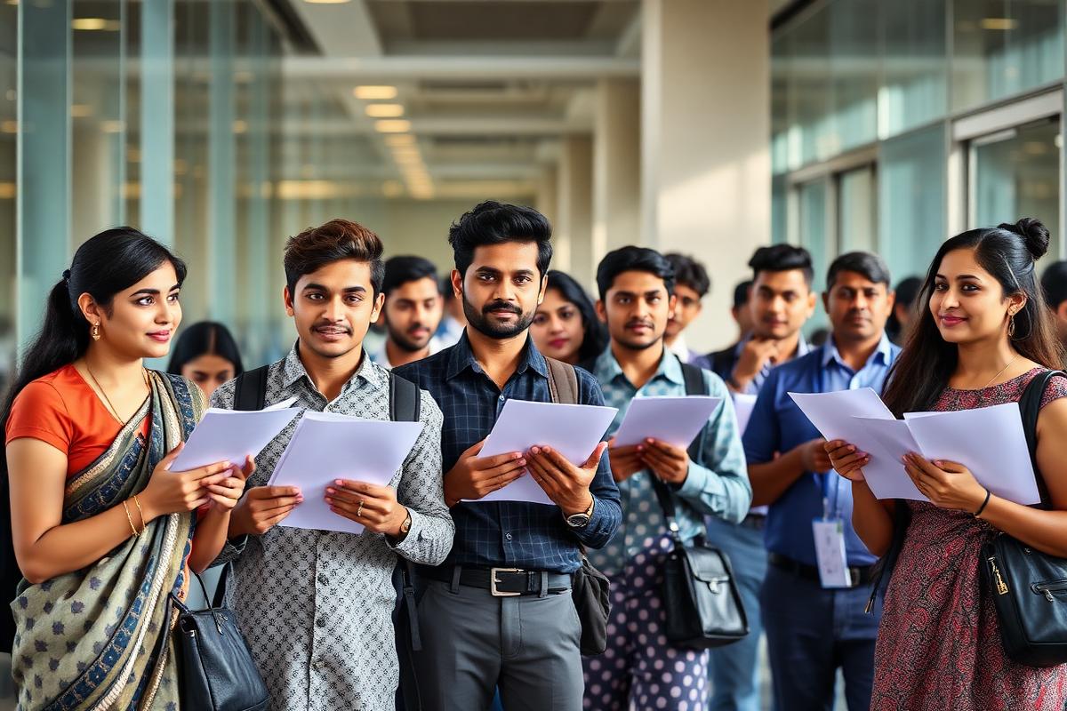 Candidates with resumes waiting at a corporate walk-in drive